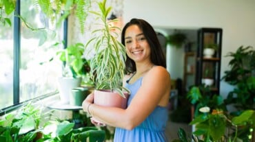 A girl holding placing a flower pot according to Feng shui guidelines.
